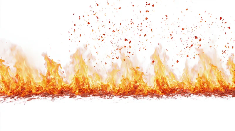 Bright orange and yellow flames rising along the bottom against a white background