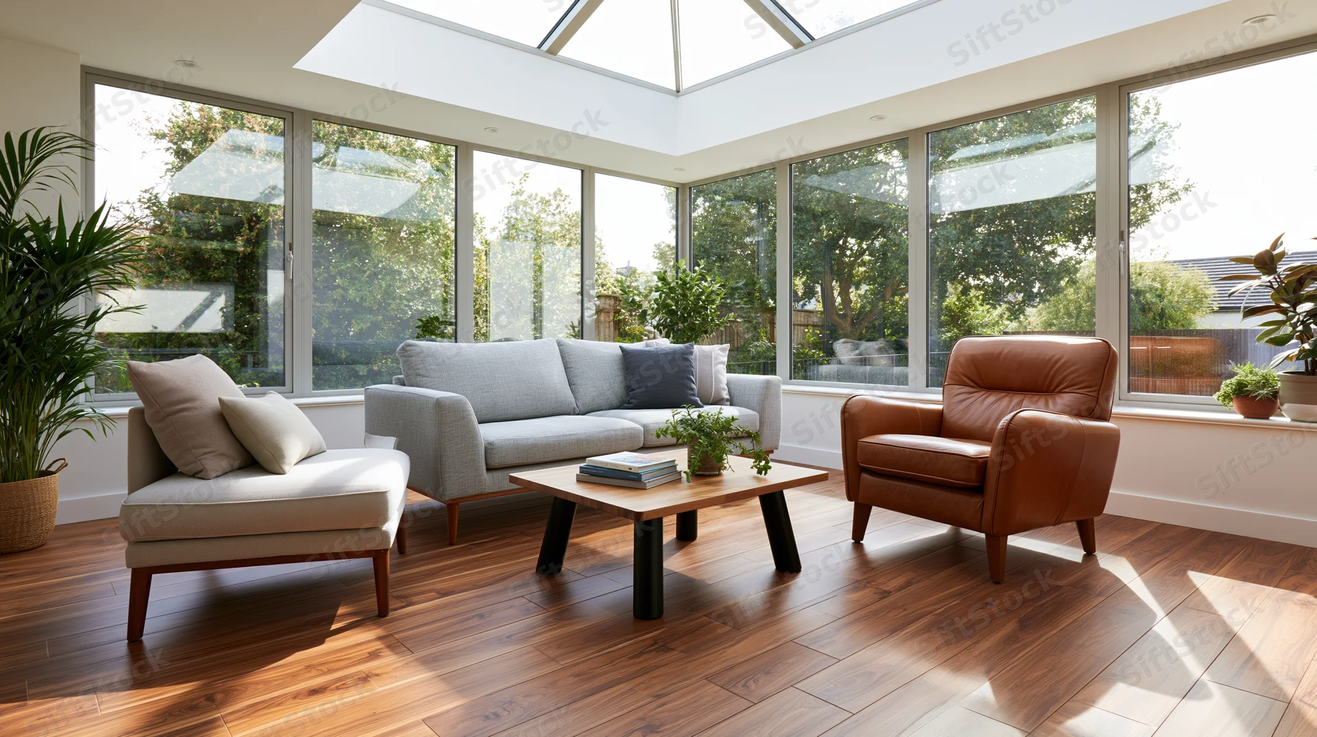 Sunroom living area with sofa, armchair and coffee table arranged around walnut laminate flooring under skylight and large windows
