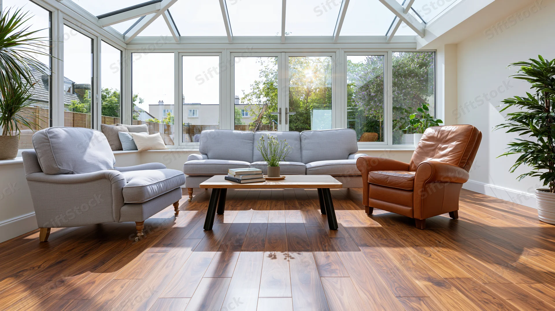 Bright sunroom living area with walnut laminate flooring, white sofas, leather armchair, coffee table, and large windows overlooking garden