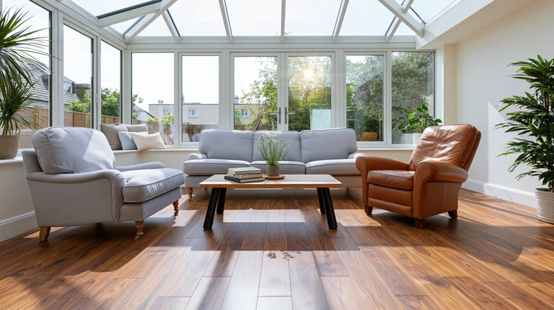 Bright sunroom living area with walnut laminate flooring, white sofas, leather armchair, coffee table, and large windows overlooking garden
