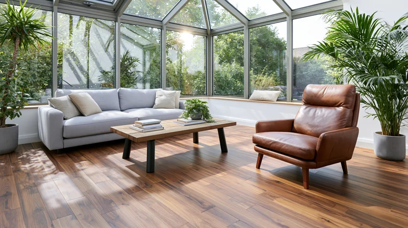 Sunroom living area with sofa, armchair and coffee table on walnut laminate flooring surrounded by large windows and indoor plants