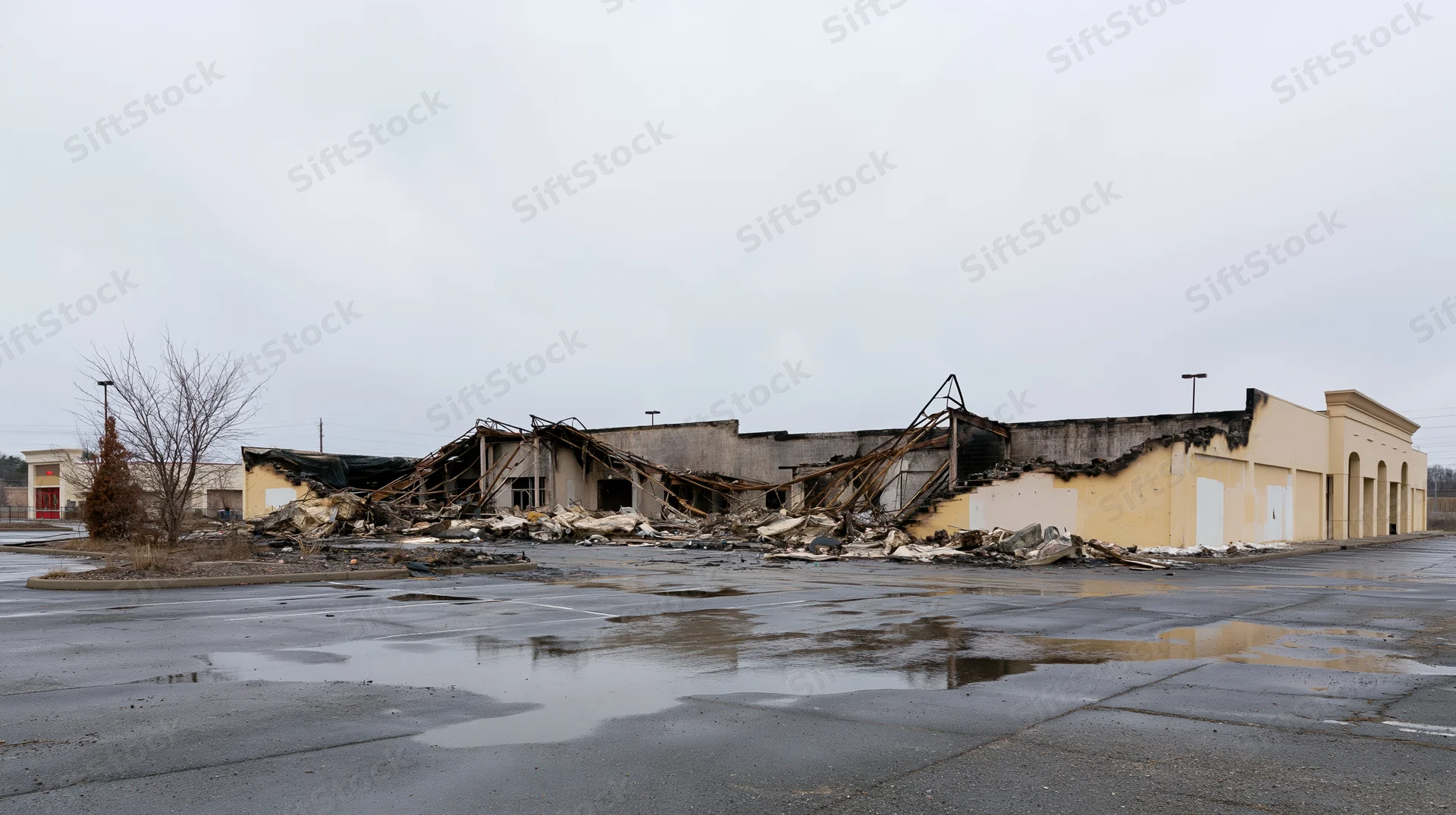 Burned-out strip mall with collapsed roof and debris in a wet parking lot under overcast sky