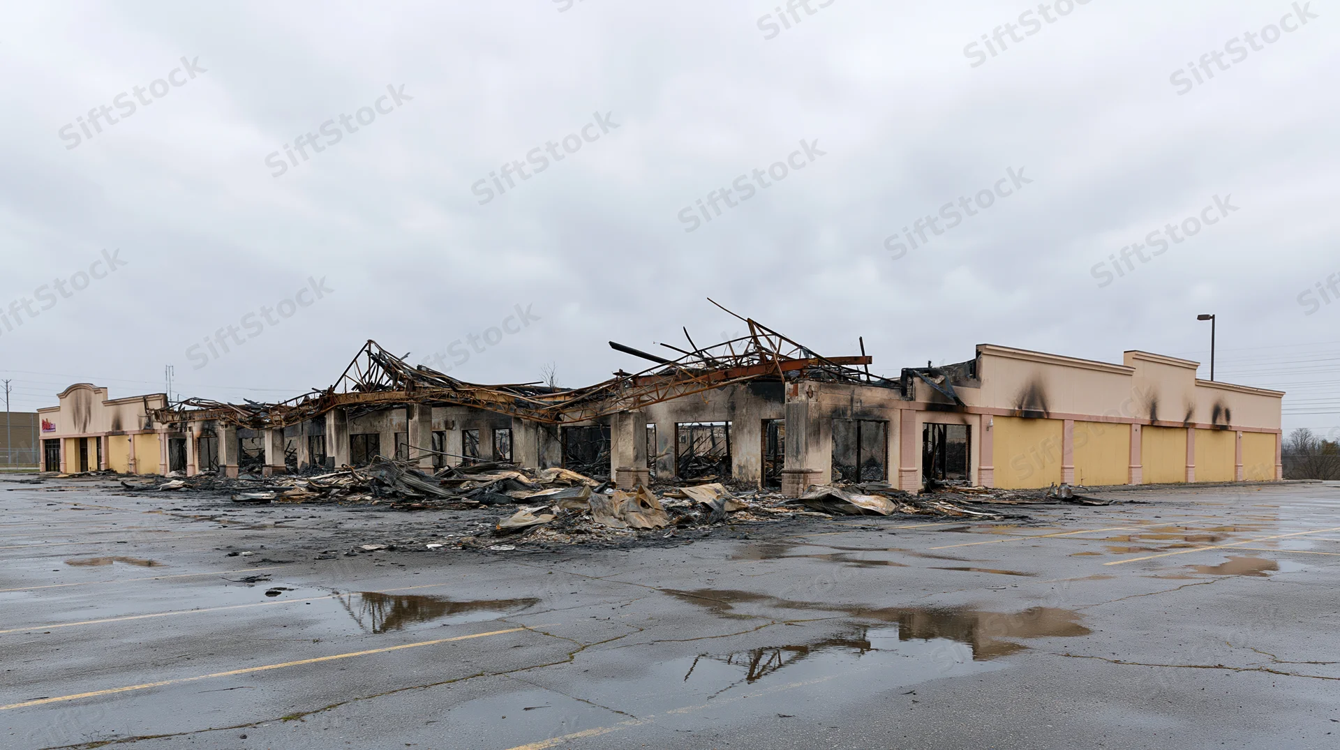 Burned-out strip mall with collapsed roof and charred walls in a wet parking lot under overcast sky
