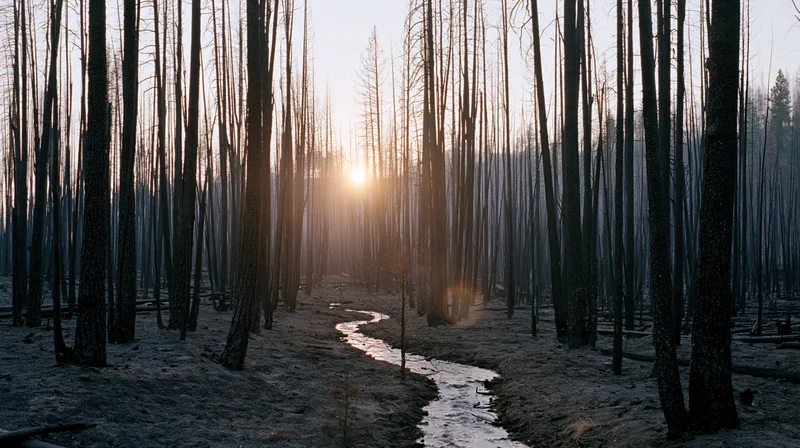 Charred tree trunks in a burned forest with a winding stream at sunrise