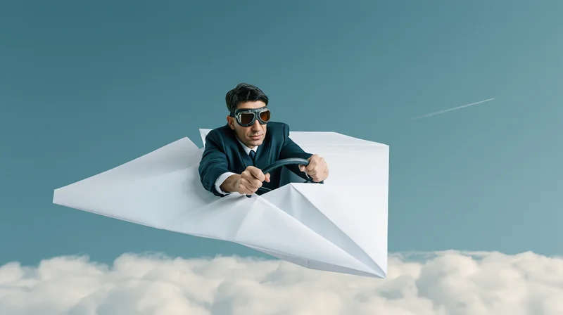 Businessman in suit and aviator goggles steering a paper airplane above clouds
