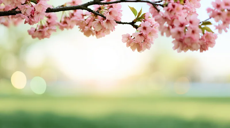 Cherry blossom branch with soft pink blooms extending over a blurred green field under bright sky