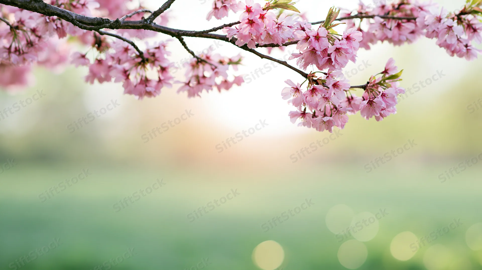 Cherry blossom branch with soft pink blooms extending over a blurred green field in spring