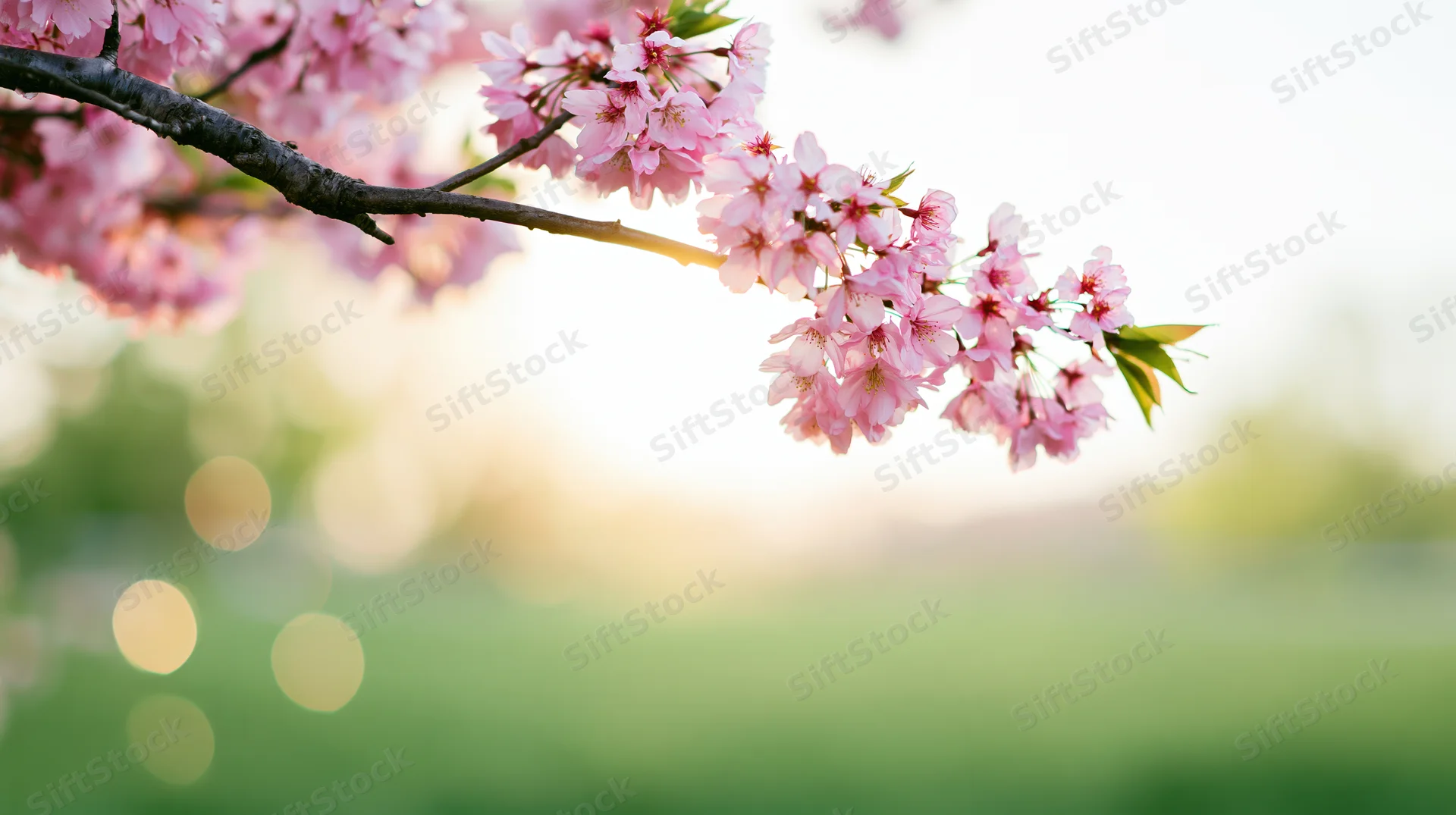 Cherry blossom branch with soft pink blooms extending over a blurred green field in spring sunlight
