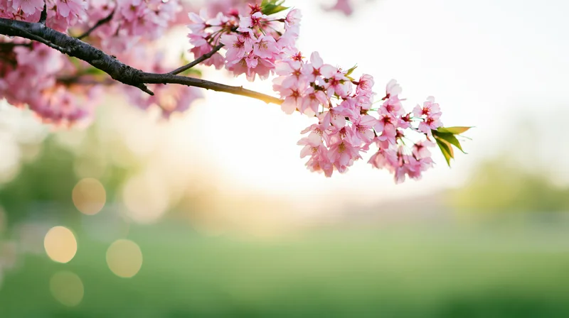 Cherry blossom branch with soft pink blooms extending over a blurred green field in spring sunlight