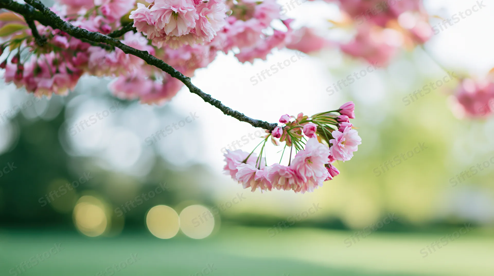 Cherry blossom branch with soft pink blooms extending over a blurred green park background