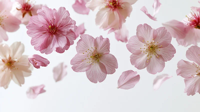 Cherry blossom flowers and petals floating mid-air against a white background