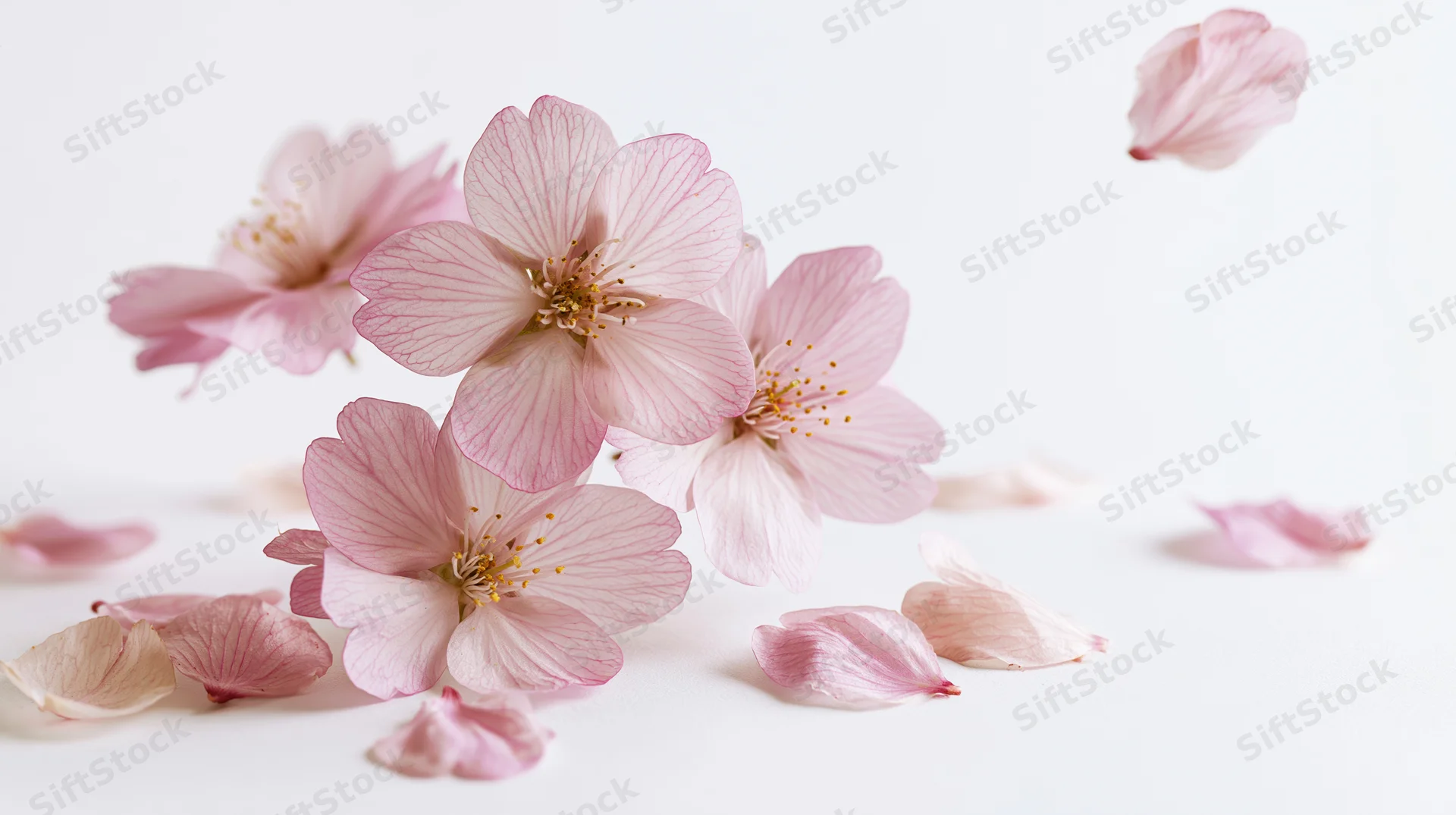 Cherry blossom flowers and petals floating mid-air on a white background