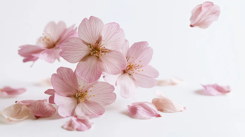Cherry blossom flowers and petals floating mid-air on a white background