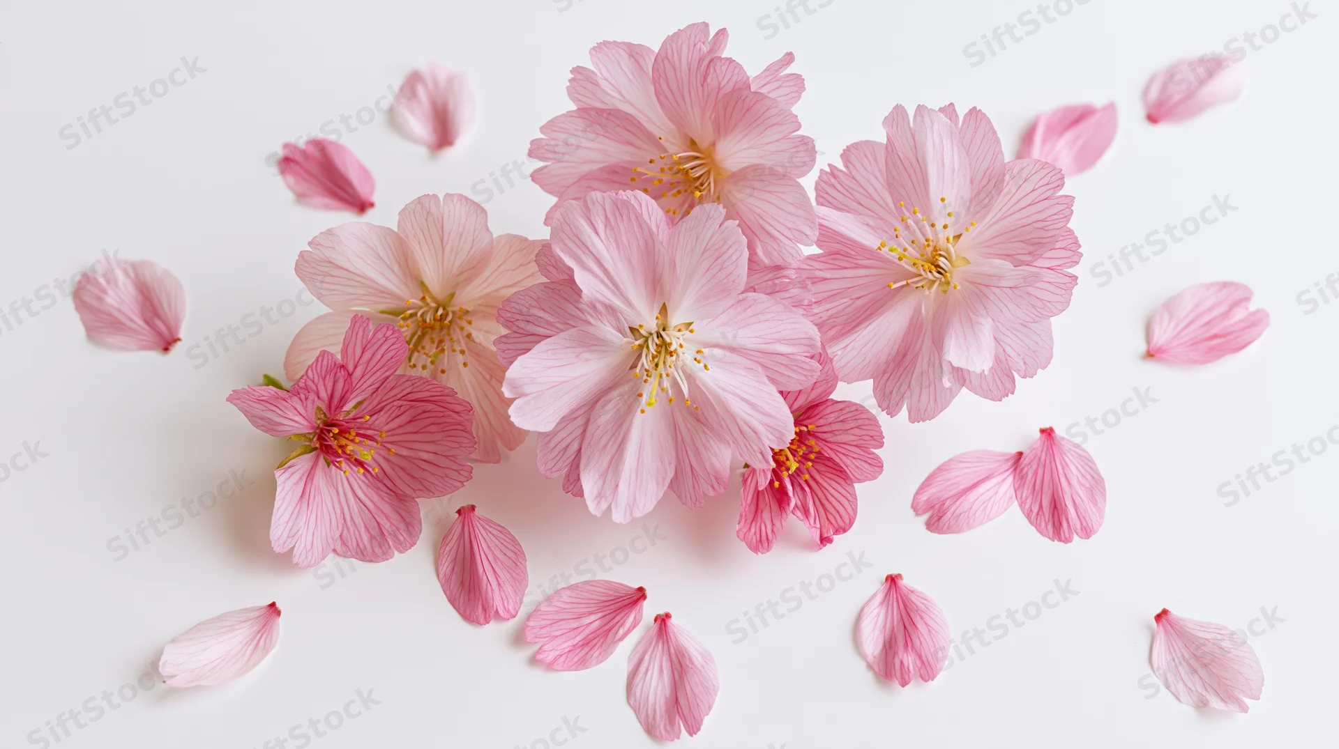 Cherry blossom flowers and loose petals scattered mid-air on a white background