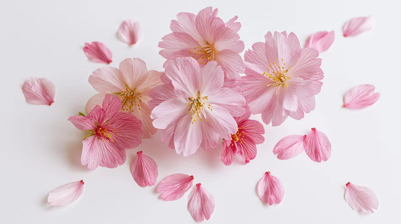 Cherry blossom flowers and loose petals scattered mid-air on a white background