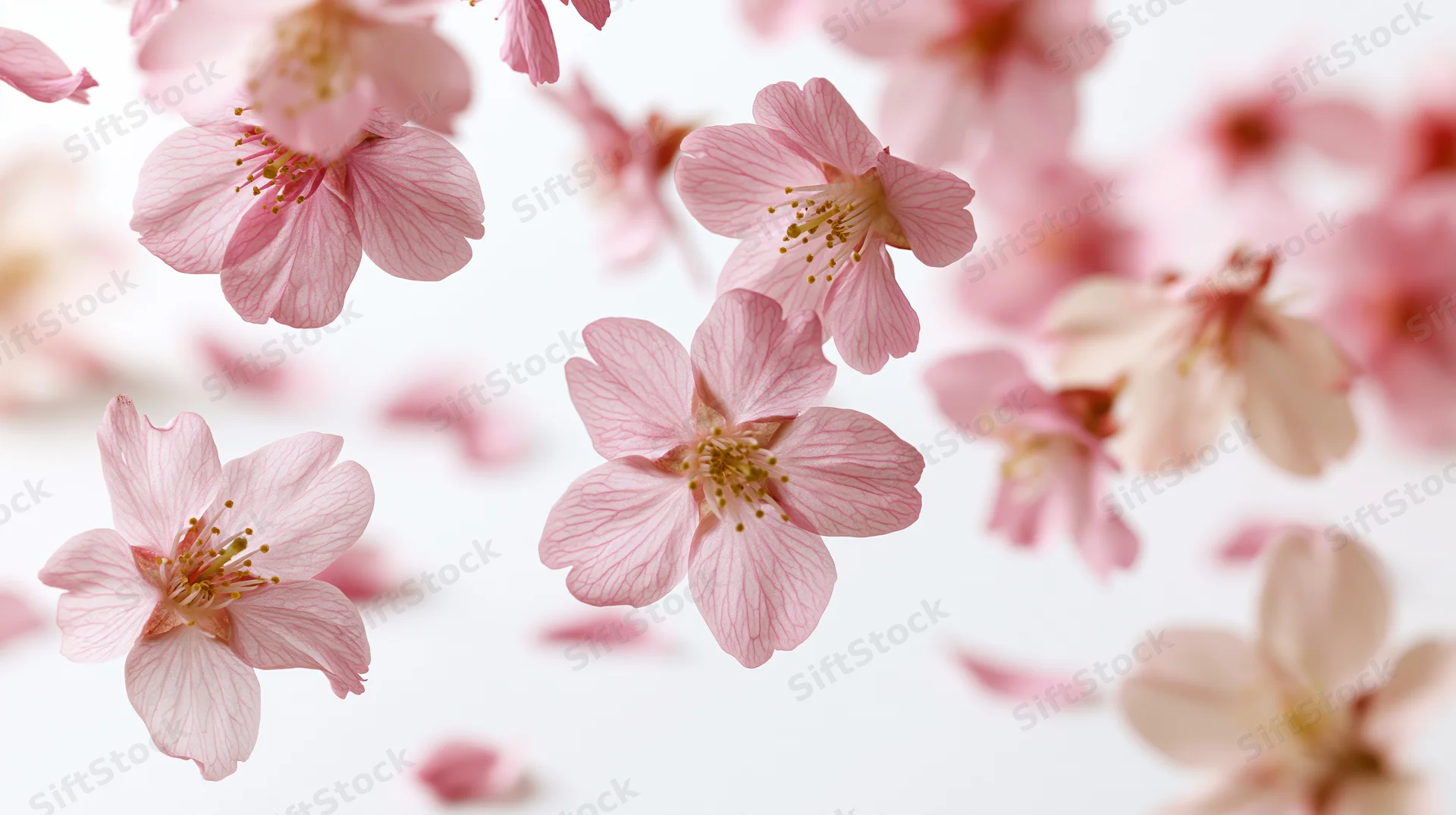 Cherry blossom flowers and petals floating midair against a white background