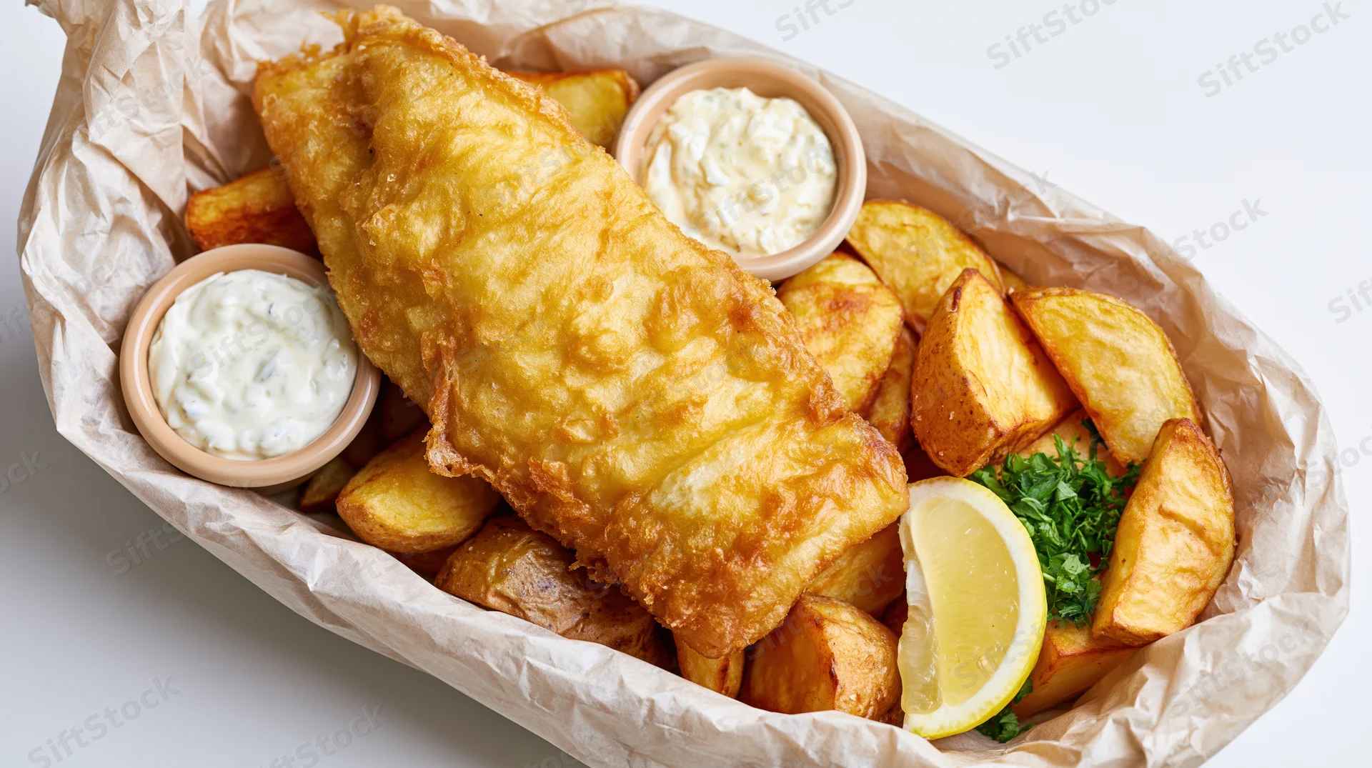 Fried fish and chips served in a paper-lined basket with tartar sauce and lemon wedge