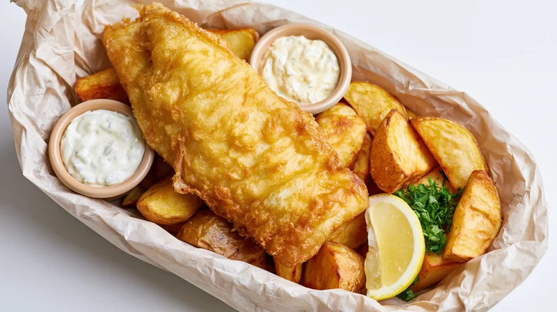 Fried fish and chips served in a paper-lined basket with tartar sauce and lemon wedge