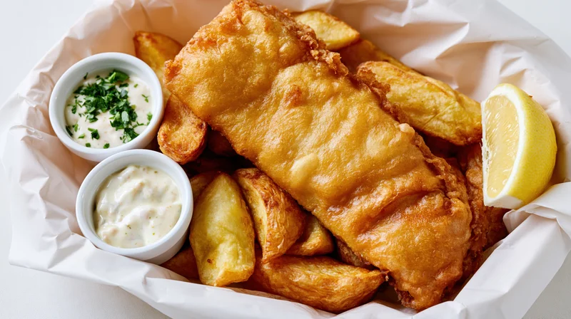 Golden fried fish and thick-cut chips in a paper-lined basket with tartar sauce and lemon wedge