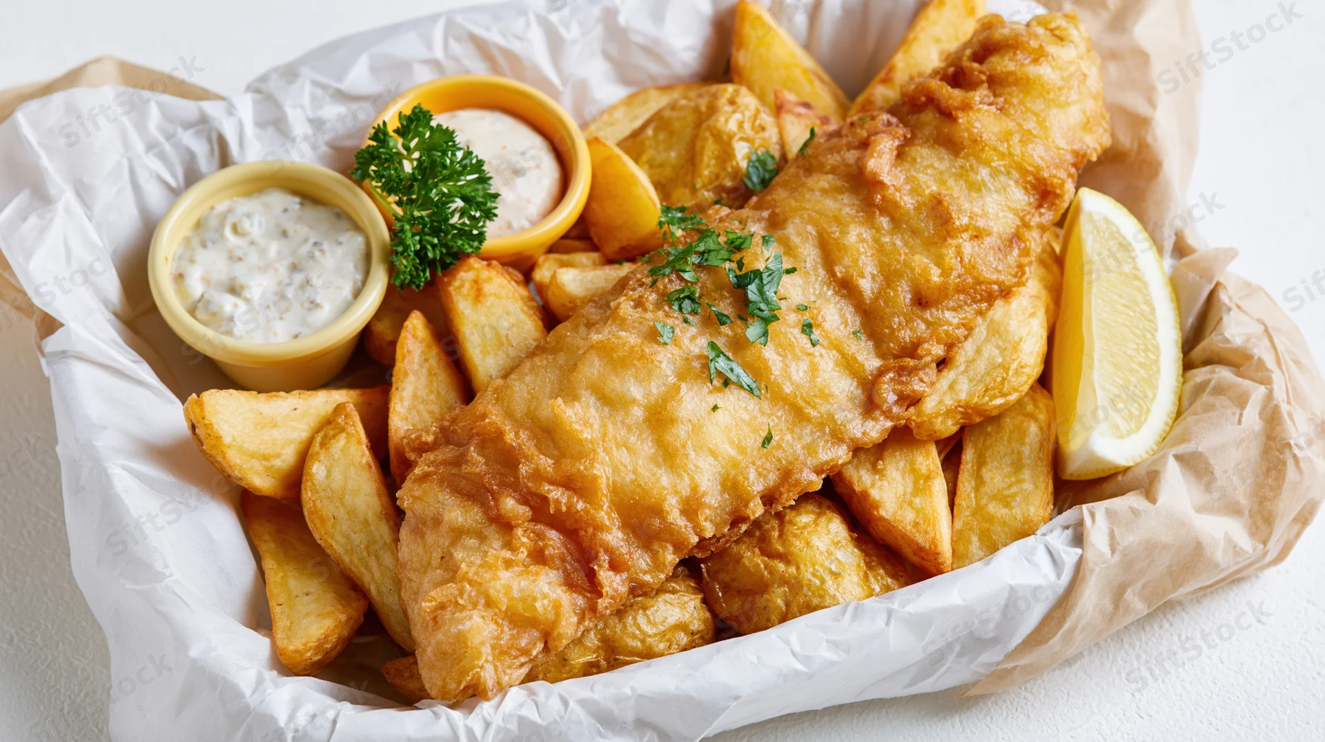 Golden fried fish and thick-cut chips in a paper-lined basket with tartar sauce and lemon wedge