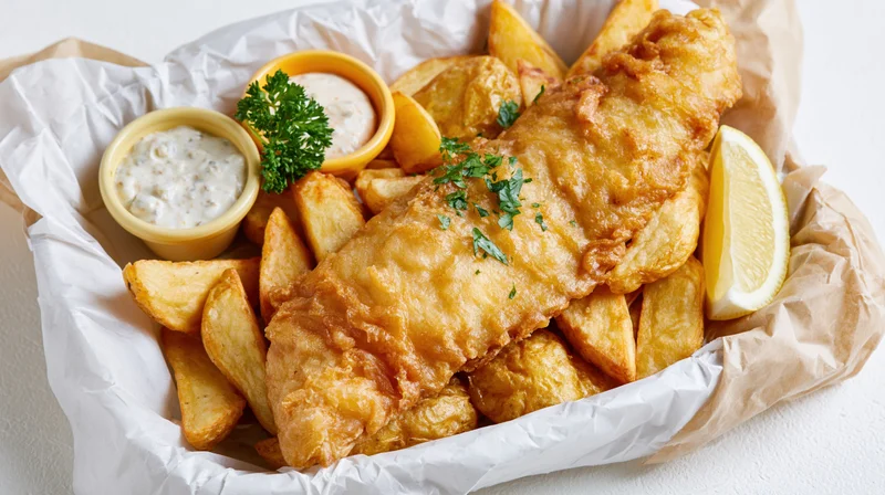 Golden fried fish and thick-cut chips in a paper-lined basket with tartar sauce and lemon wedge