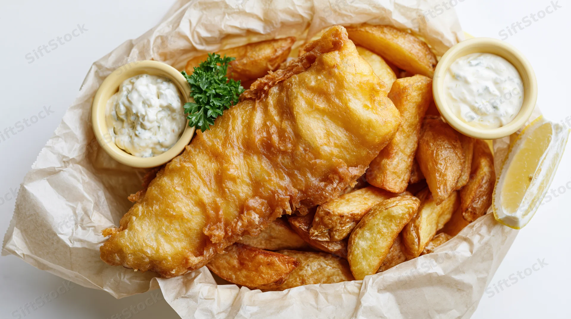 Fried fish and chips in a paper-lined basket with tartar sauce and lemon wedge