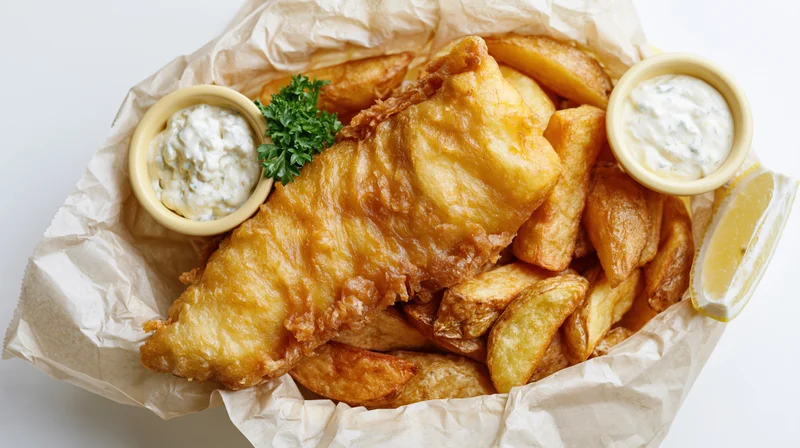 Fried fish and chips in a paper-lined basket with tartar sauce and lemon wedge