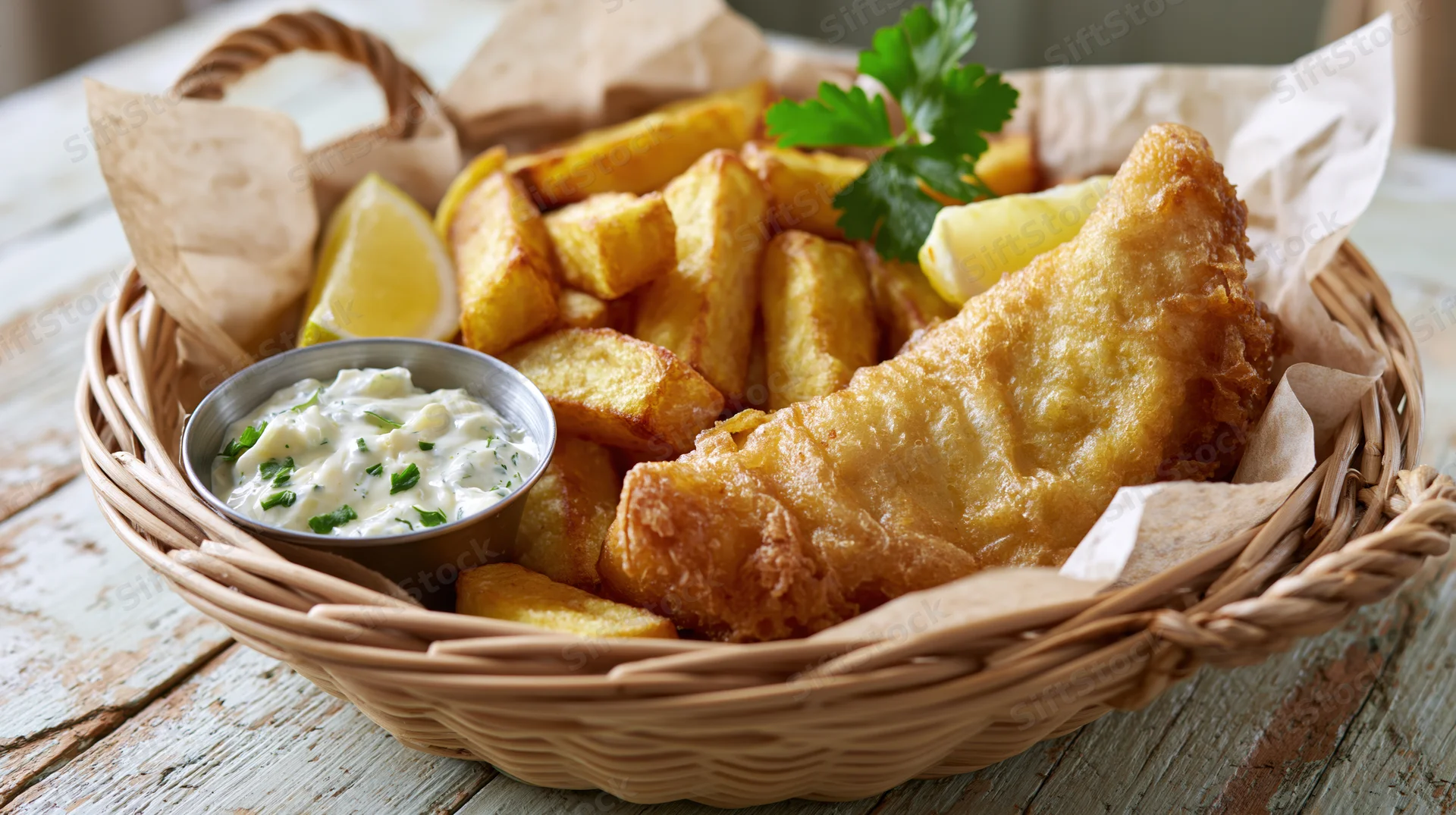 Golden fried fish and crispy chips served in a parchment-lined wicker basket with tartar sauce and lemon wedges on a rustic wooden table