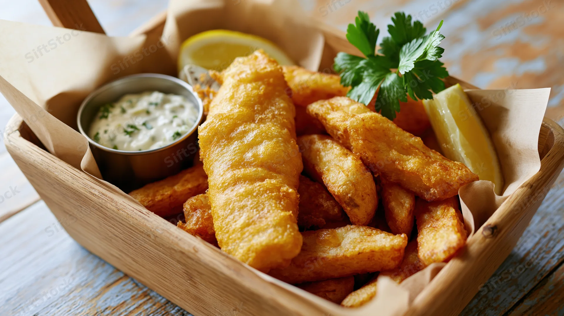 Fish and chips served in a parchment-lined wooden basket with tartar sauce and lemon wedges on a rustic wooden table