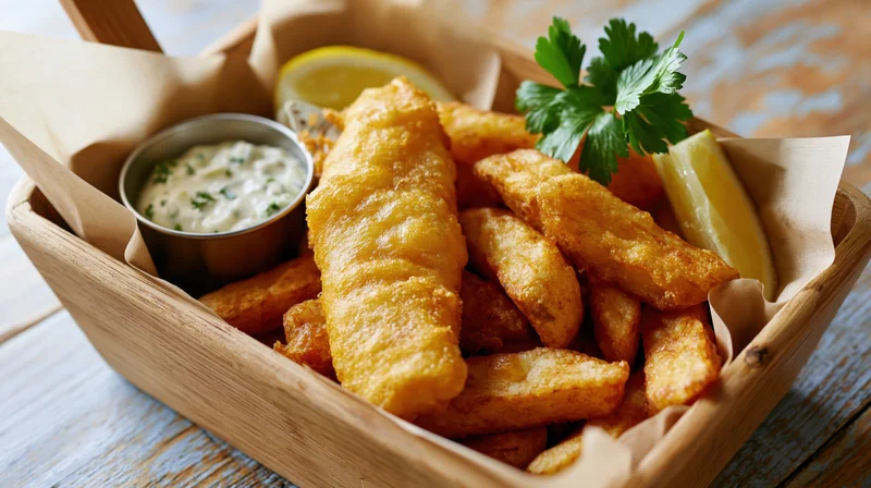 Fish and chips served in a parchment-lined wooden basket with tartar sauce and lemon wedges on a rustic wooden table