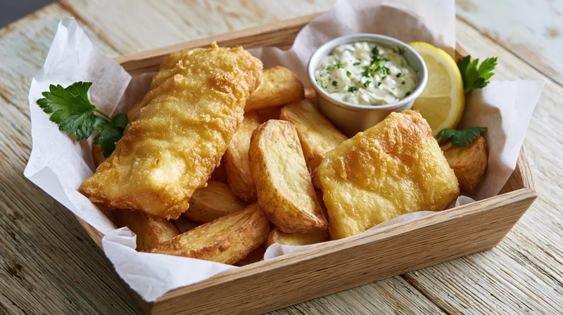 British fish and chips served in a parchment-lined wooden tray with tartar sauce and lemon garnish on a rustic table