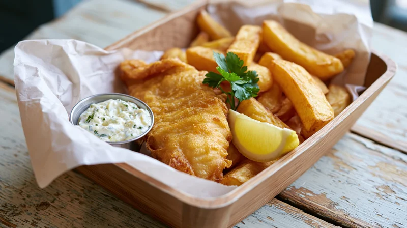 Golden fried fish and thick-cut chips in a parchment-lined wooden tray with tartar sauce and lemon wedge on a rustic wooden table