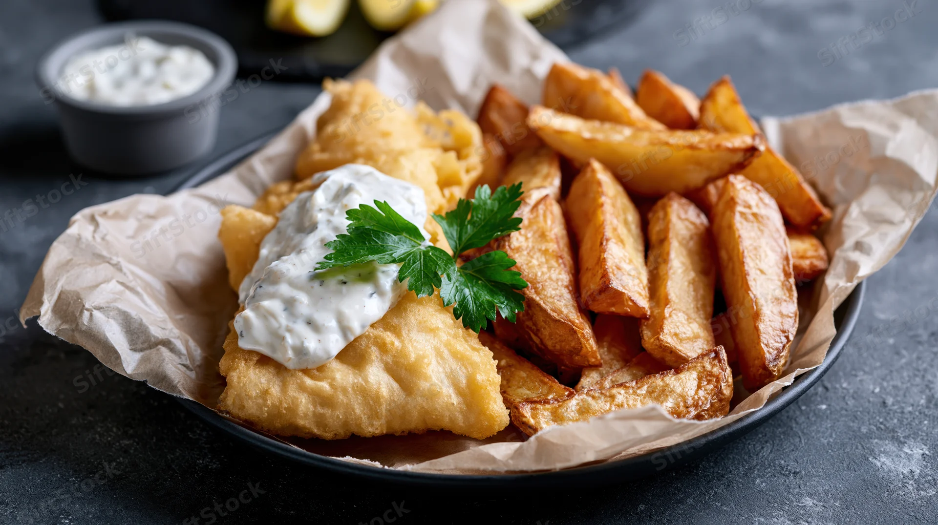Fish and chips served on a dark plate lined with parchment paper with tartar sauce and parsley garnish