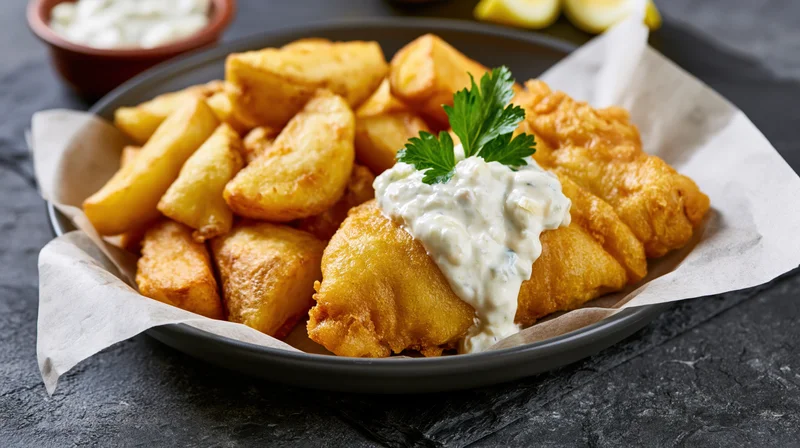 Golden fried fish and chips with tartar sauce and parsley on a dark plate lined with paper