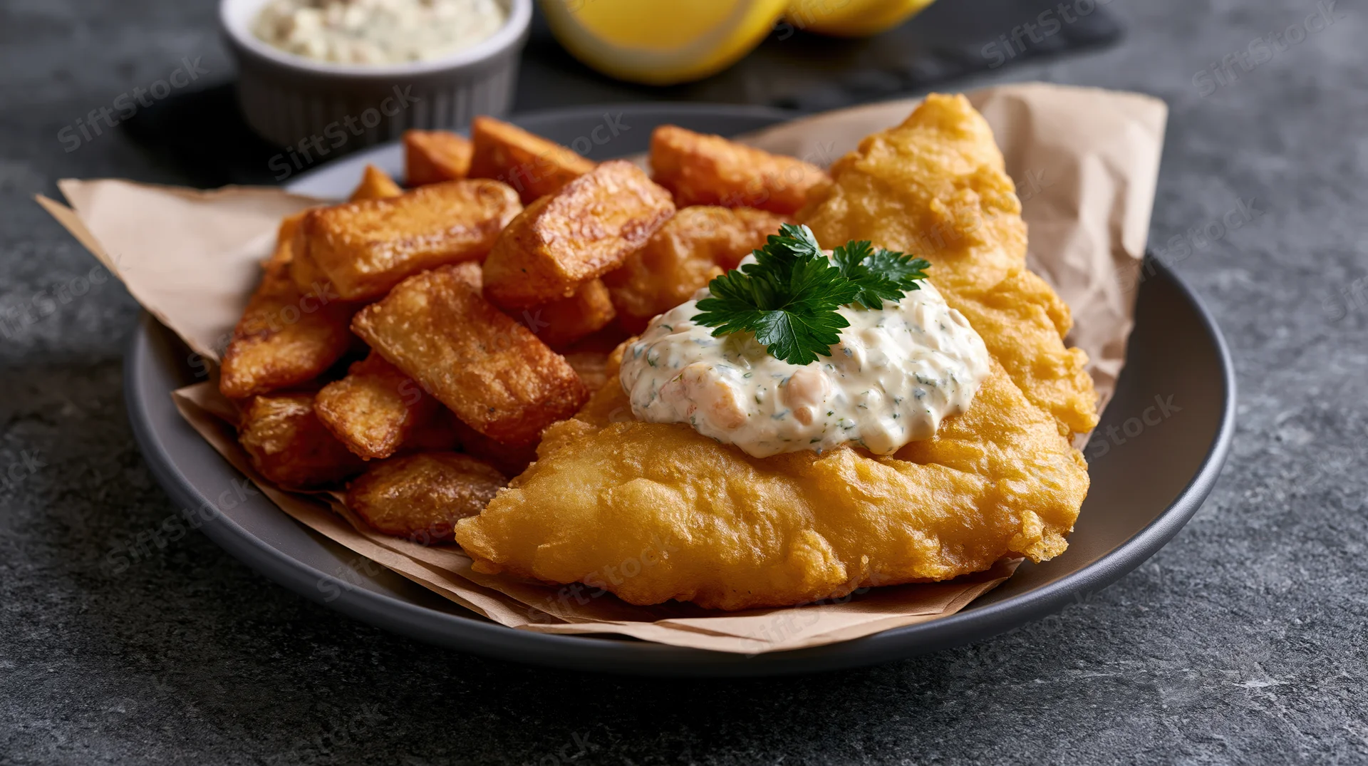Golden fried fish and chips served on dark plate with tartar sauce and parsley garnish