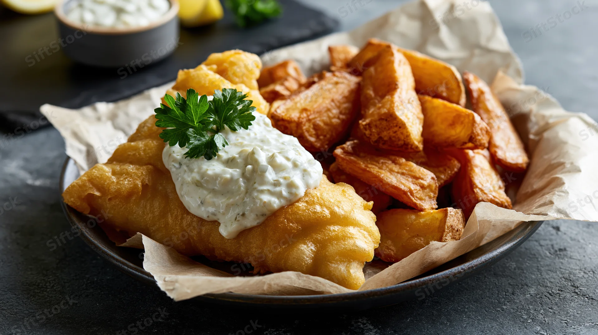 Golden fried fish with tartar sauce and parsley garnish served with thick-cut chips on a dark plate lined with parchment paper