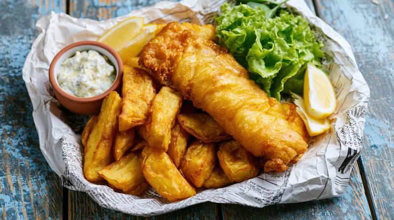 Golden fried fish and thick-cut chips served on crumpled newspaper in a basket with tartar sauce and lemon wedges