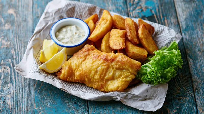 Fried fish and chips served on crumpled newspaper with lemon and tartar sauce on a blue wooden table