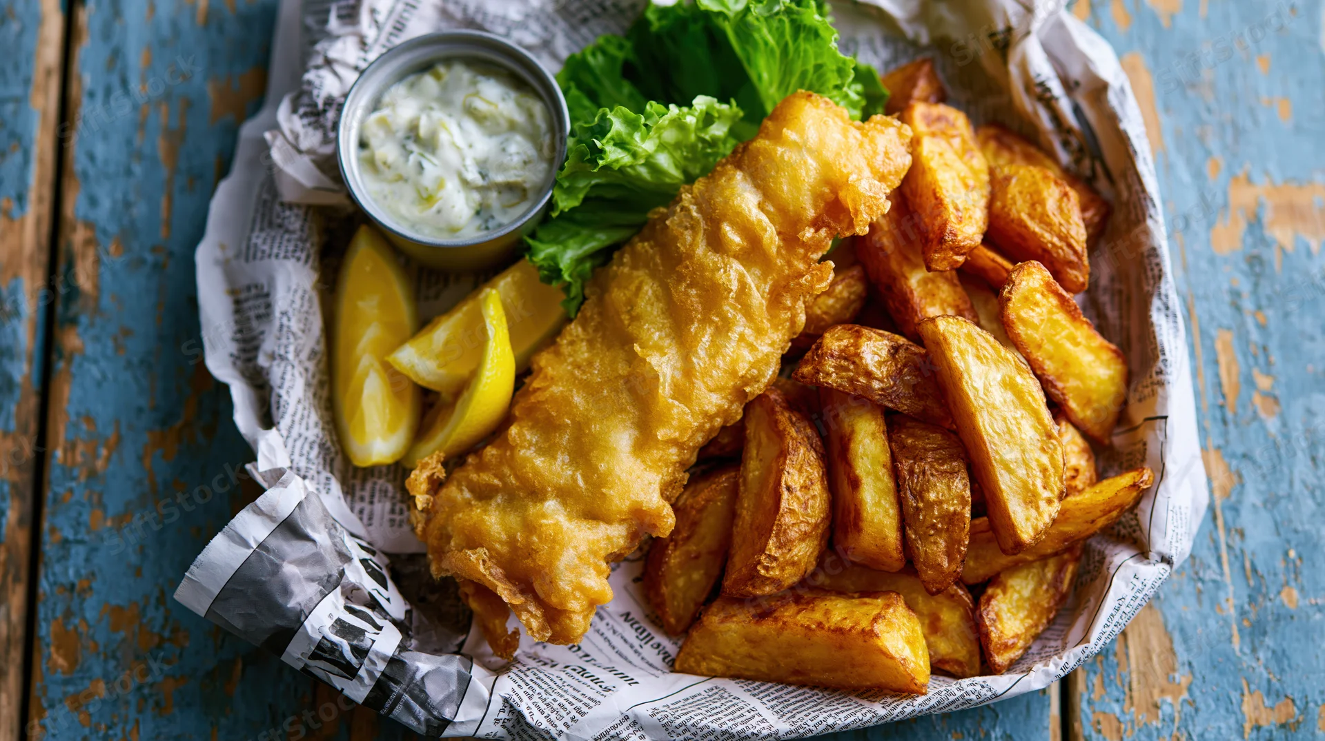 Fish and chips served in a basket lined with crumpled newspaper on a rustic wooden table