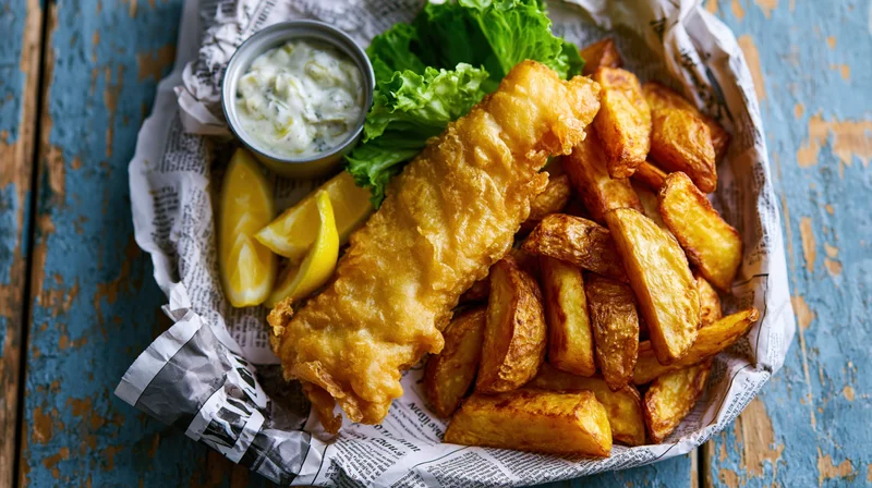 Fish and chips served in a basket lined with crumpled newspaper on a rustic wooden table