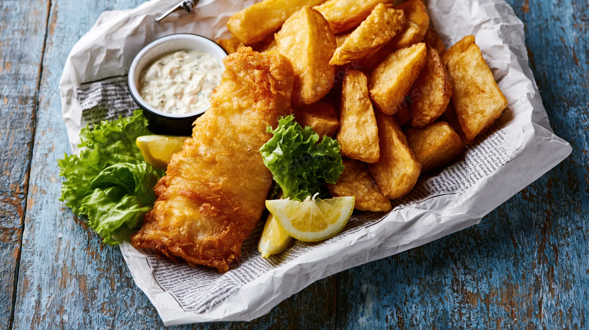 Fried fish and chips served on crumpled newspaper with lemon and tartar sauce on a blue wooden table