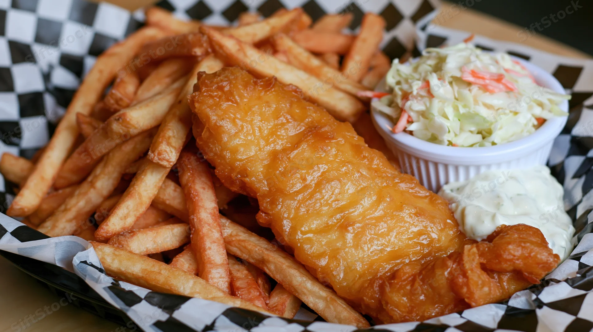 Golden fried fish and crispy french fries in a checkered paper-lined basket with coleslaw and tartar sauce