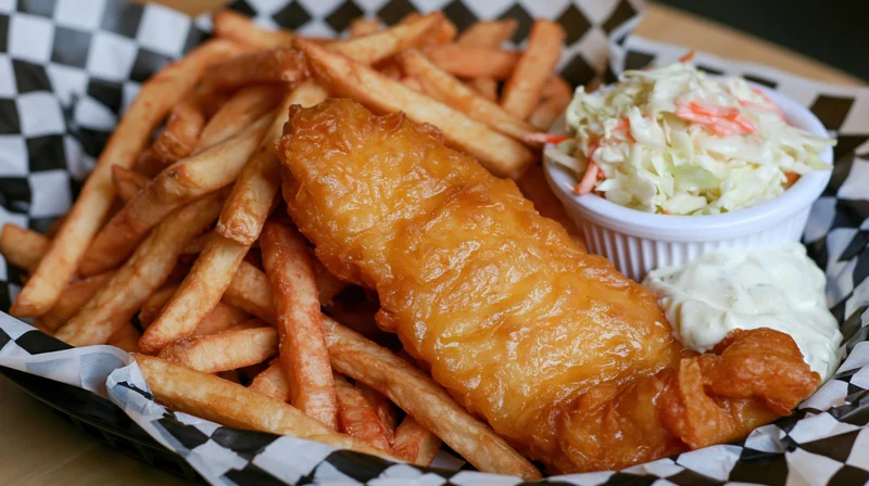 Golden fried fish and crispy french fries in a checkered paper-lined basket with coleslaw and tartar sauce