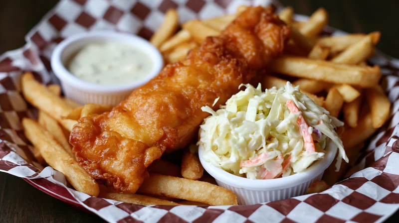Fried fish and chips served in a basket with coleslaw and tartar sauce on checkered paper liner