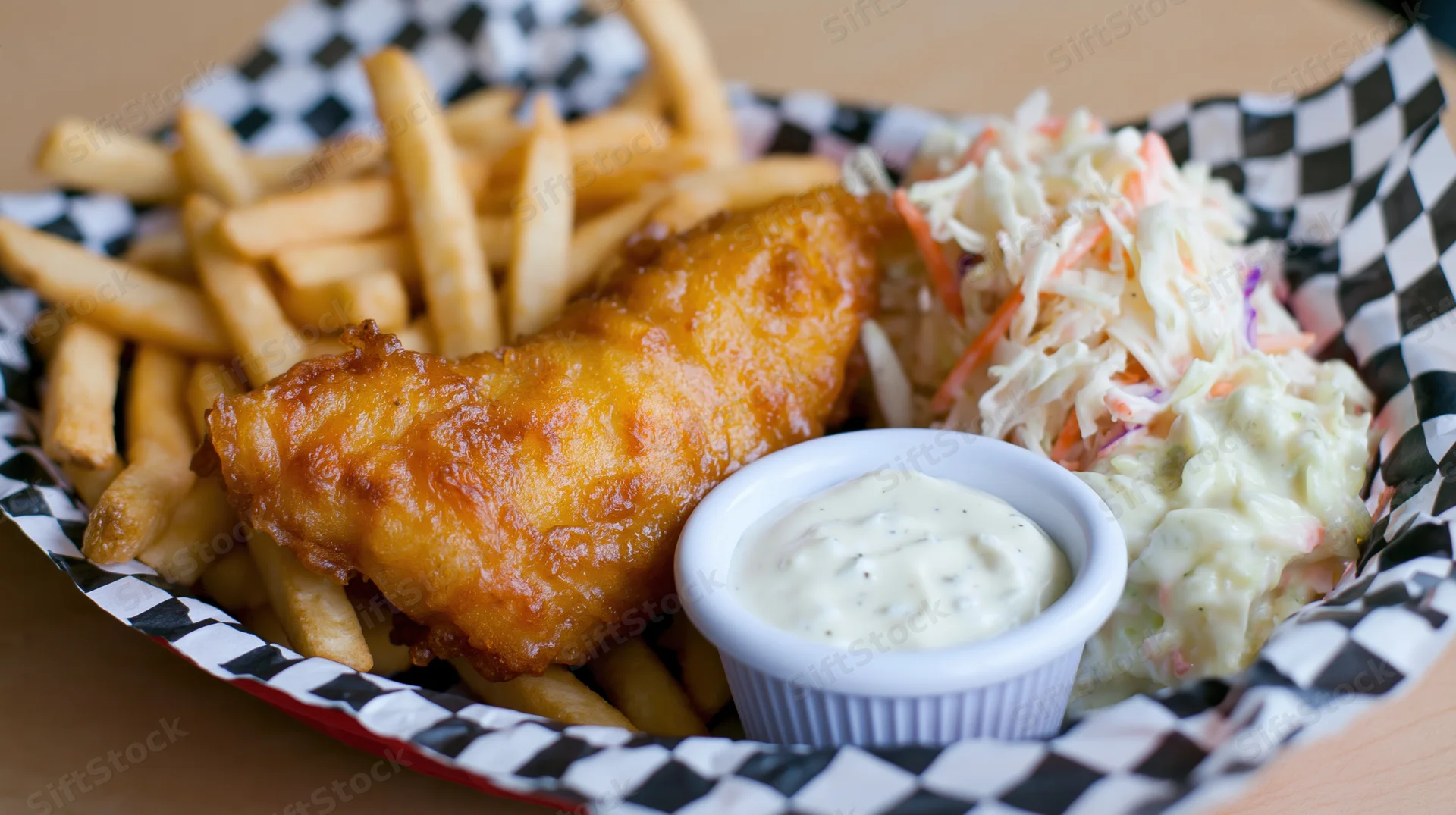 Golden fried fish and crispy french fries in a checkered paper-lined basket with coleslaw and tartar sauce