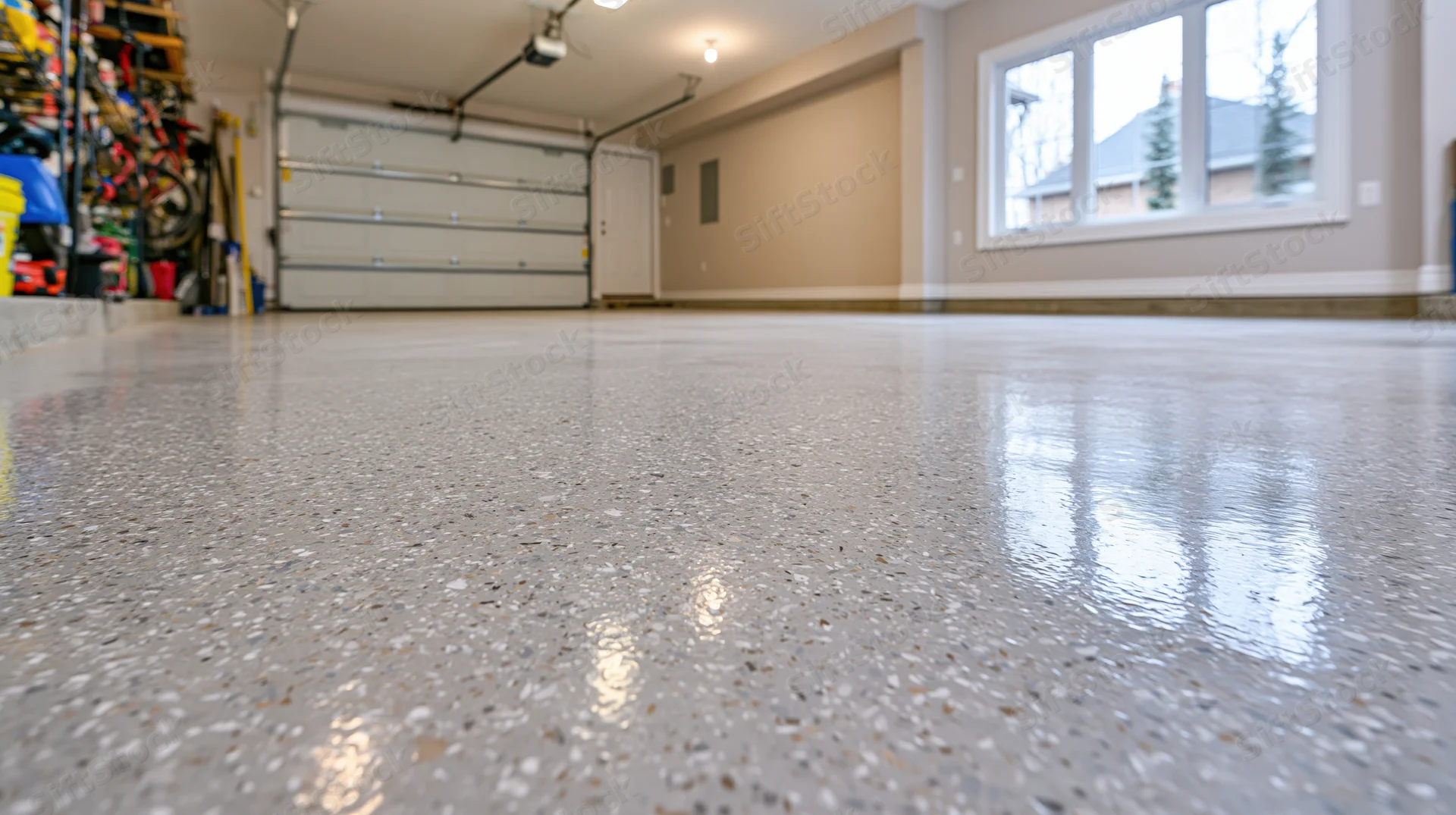Smooth epoxy-coated garage floor in a clean residential interior with storage and windows