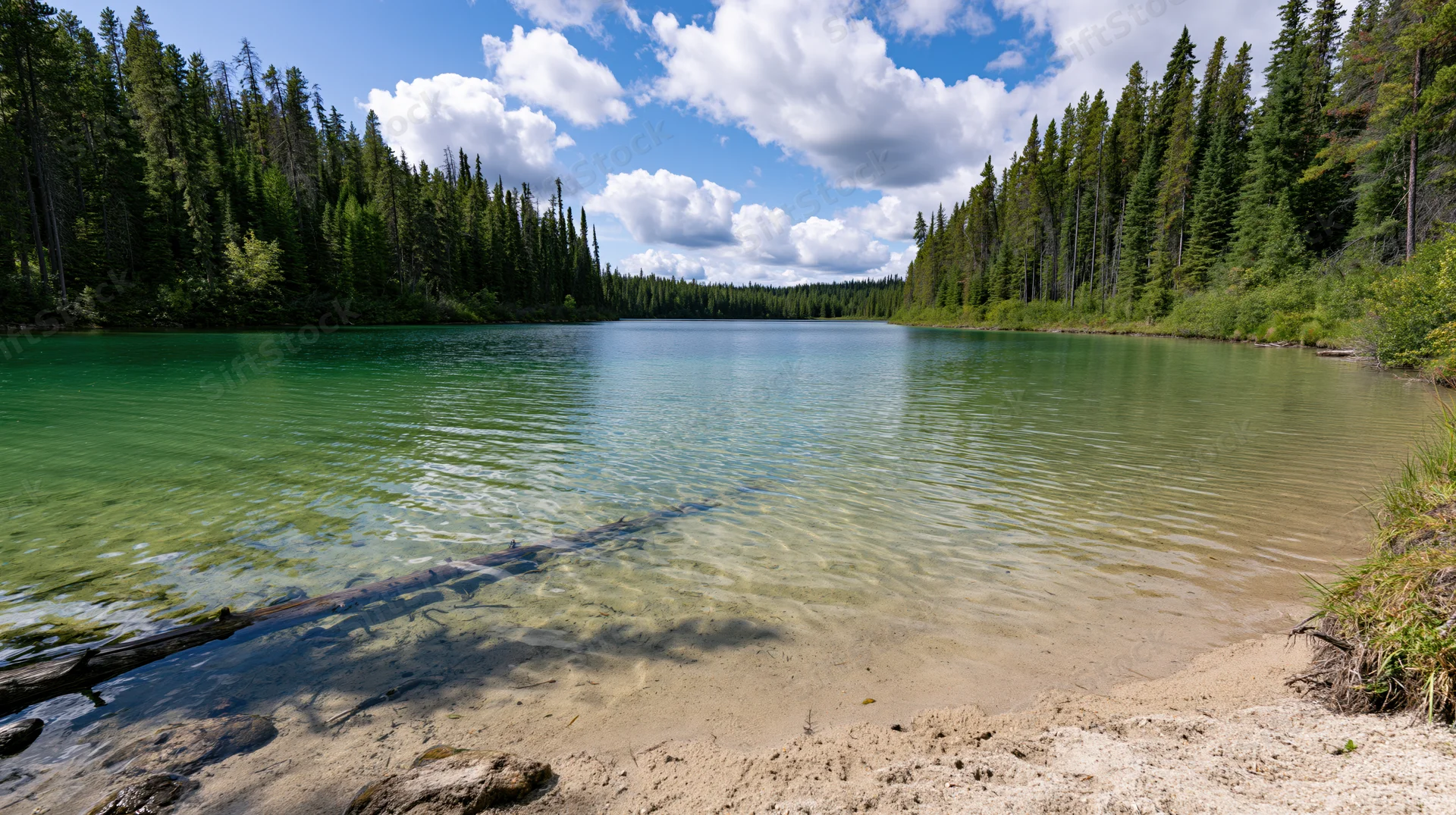 Clear shallow lake with submerged log near sandy shore surrounded by evergreen forest under blue sky with clouds