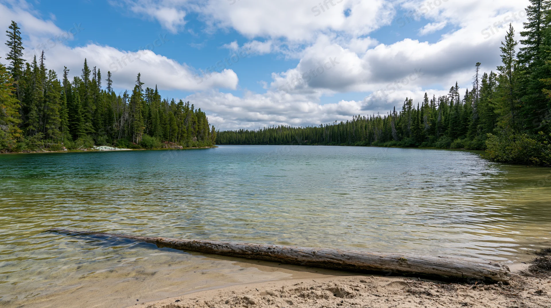 Clear shallow lake with submerged log near sandy shore surrounded by evergreen forest under partly cloudy sky