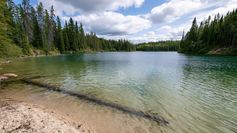Clear shallow lake with submerged fallen log near sandy shore surrounded by dense pine forest