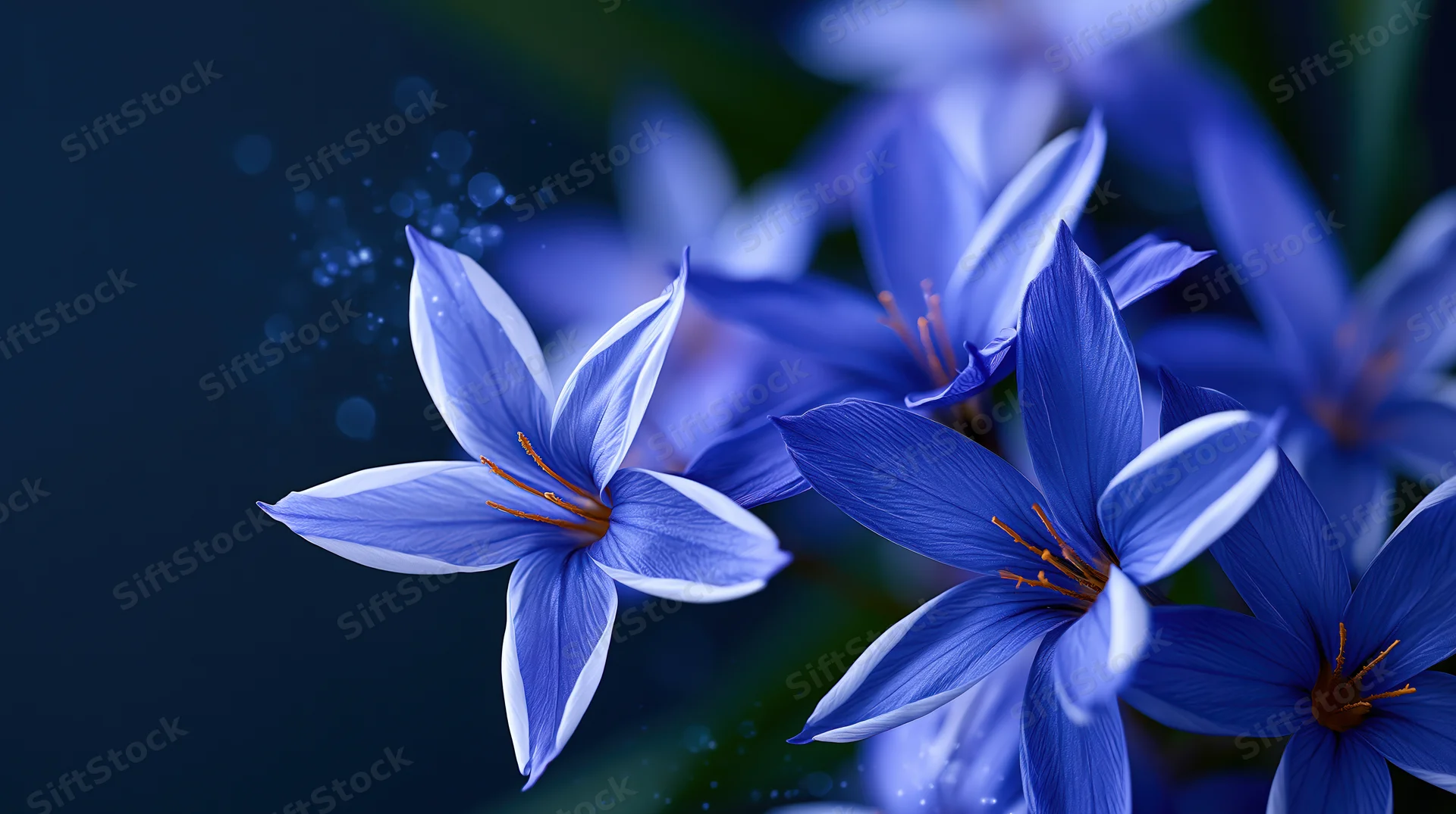 Close-up cluster of blue wildflowers with golden stamens against dark background
